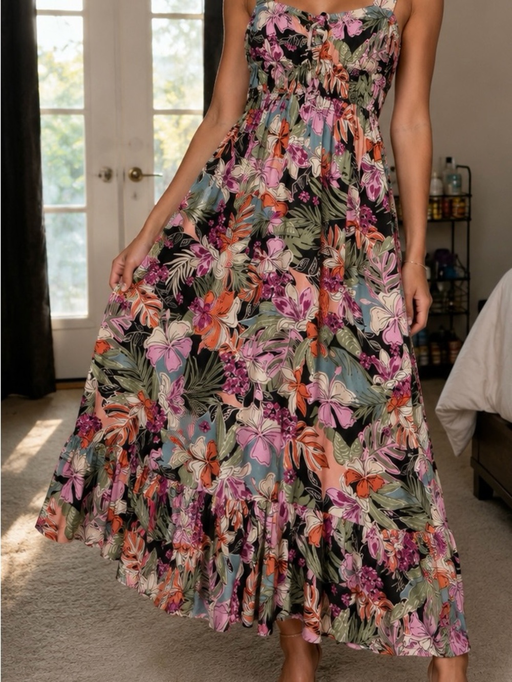 Roxy Black Floral Tiered Maxi Skirt with Pink & Orange Blooms
